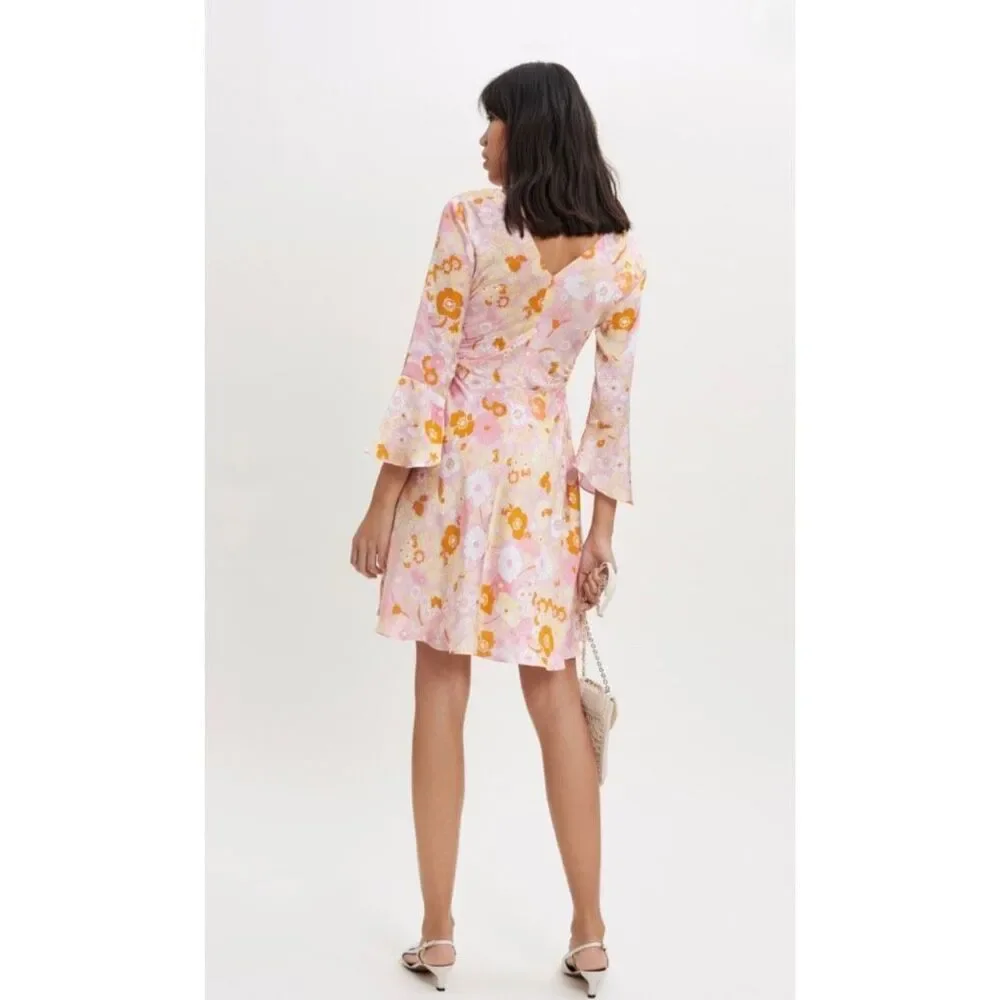 NWT Maje Flower Power Printed Satin Dress Pink Floral Long Sleeve V-Neck 40 US 8